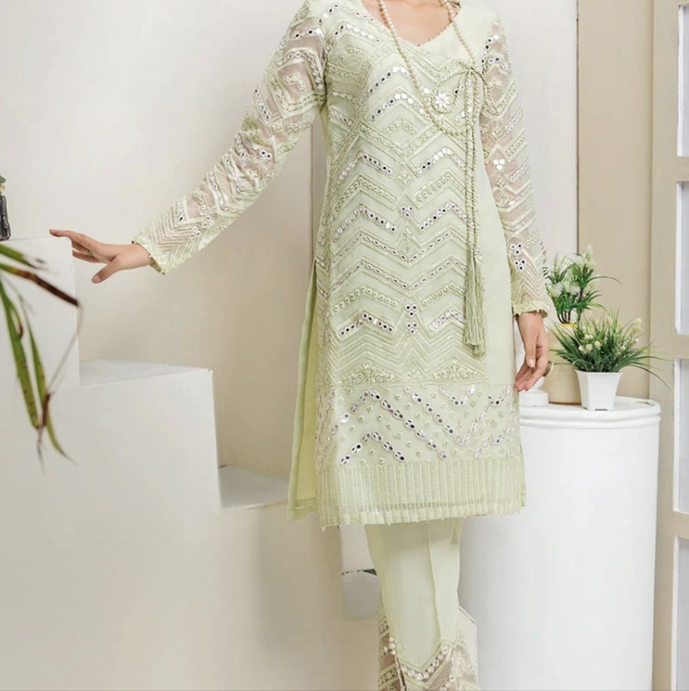 EMBROIDERED MIRROR WORK ANGRAKHA WITH MATCHING PANTS AND DUPATTA